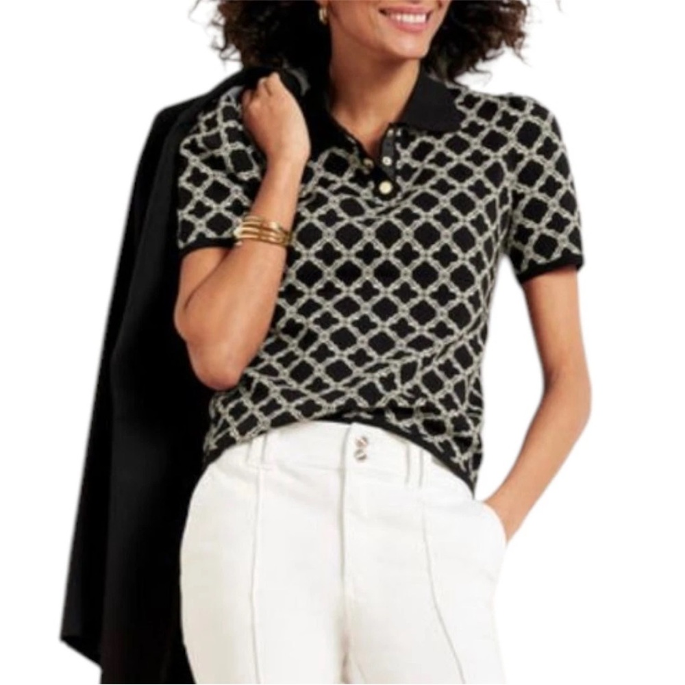 Talbots Black and White Geometric Button Polo Sweater